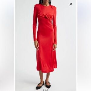 Farm Rio Long Sleeve Midi Dress With Bow Red
